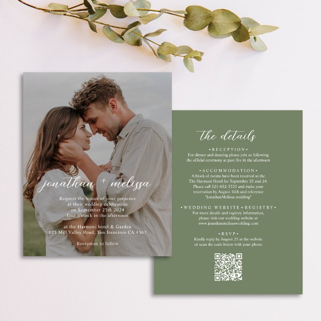 Convite de Casamento Elegante em Verde Oliva Escur (Criador carregado)