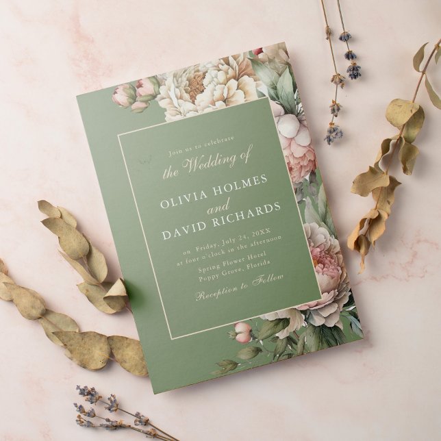Convite de Casamento Elegante em Verde Salvia e Ro (Criador carregado)