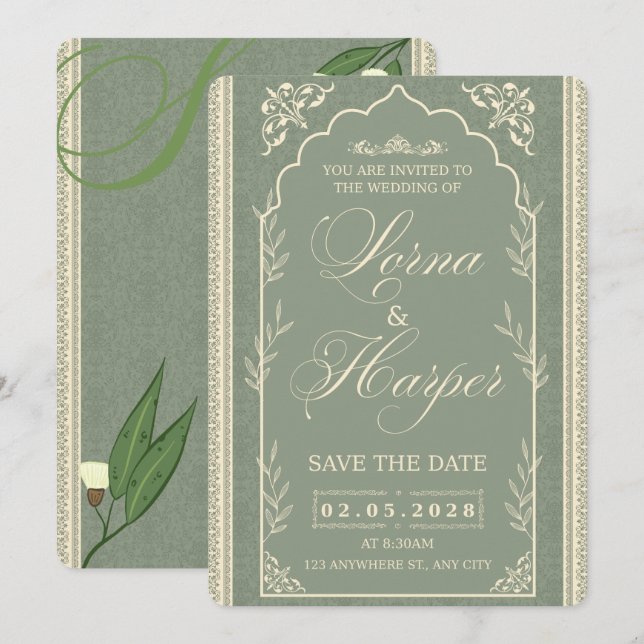 Convite de Casamento Elegante em Verde Sálvia Euca (Frente/Verso)