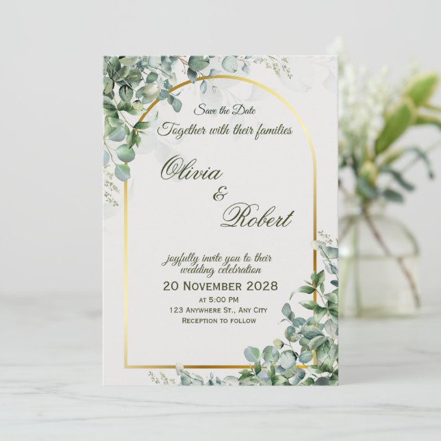 Convite de Casamento Elegante Eucalipto (Em pé/Frente)
