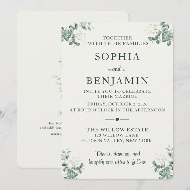 Convite de Casamento Elegante Eucalipto  (Frente/Verso)