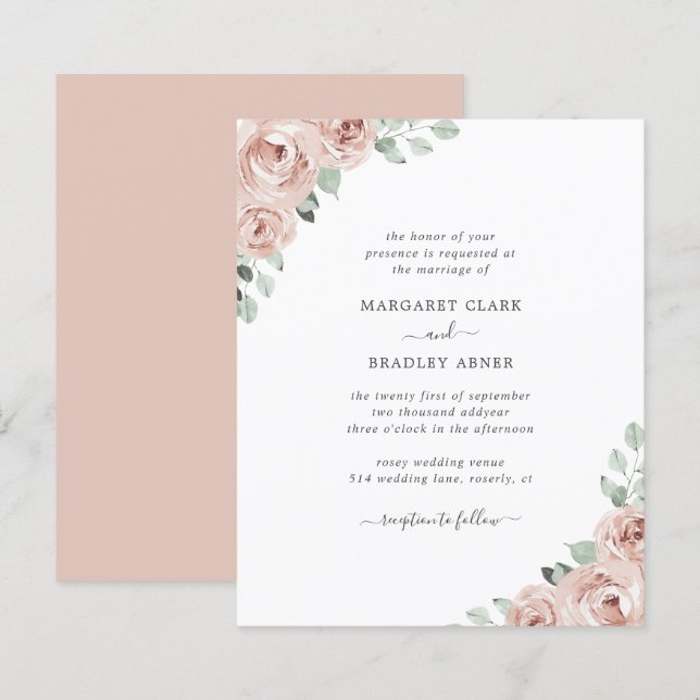 Convite de Casamento Elegante Flor Rosa Empoeirada (Frente/Verso)