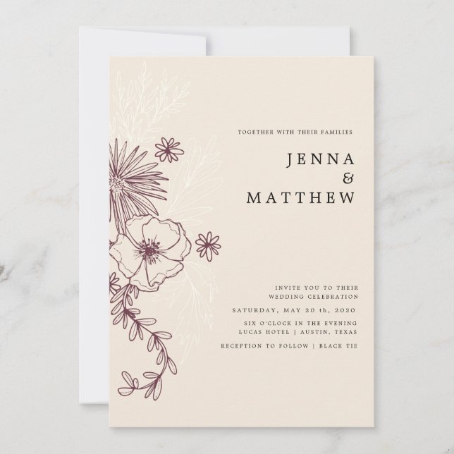 convite de casamento elegante floral creme (Frente)