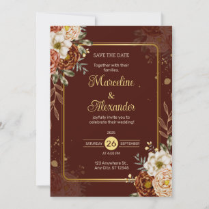 Convite de Casamento Elegante Floral Dourado Marro