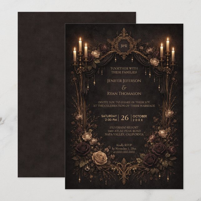 Convite de casamento elegante floral gótico de hal (Frente/Verso)