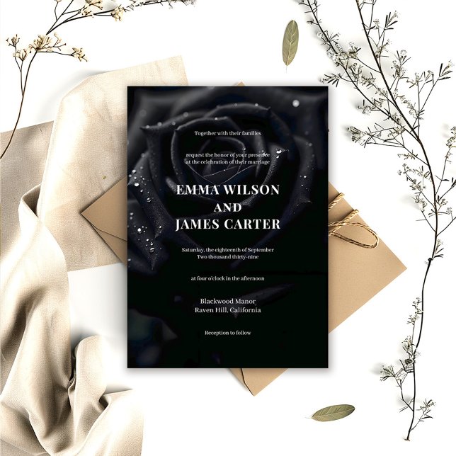 Convite de Casamento Elegante Floral Midnight Rose (Criador carregado)