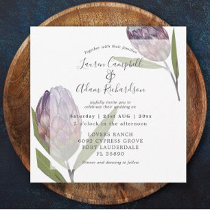 Convite de Casamento Elegante Floral Protea Roxo