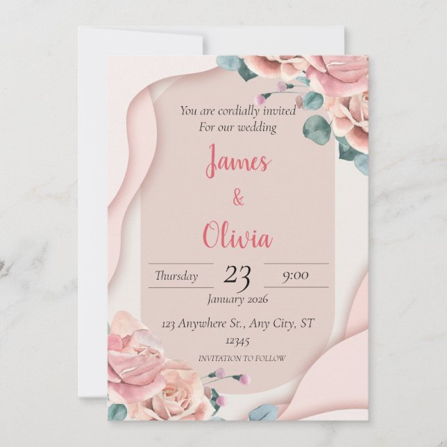 Convite de Casamento Elegante Floral Rosa Corado (Frente)