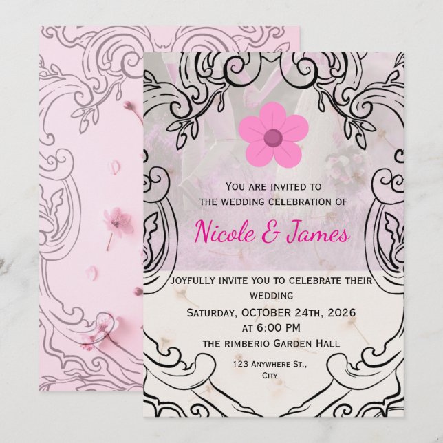 Convite de Casamento Elegante Floral Rosa Ornament (Frente/Verso)