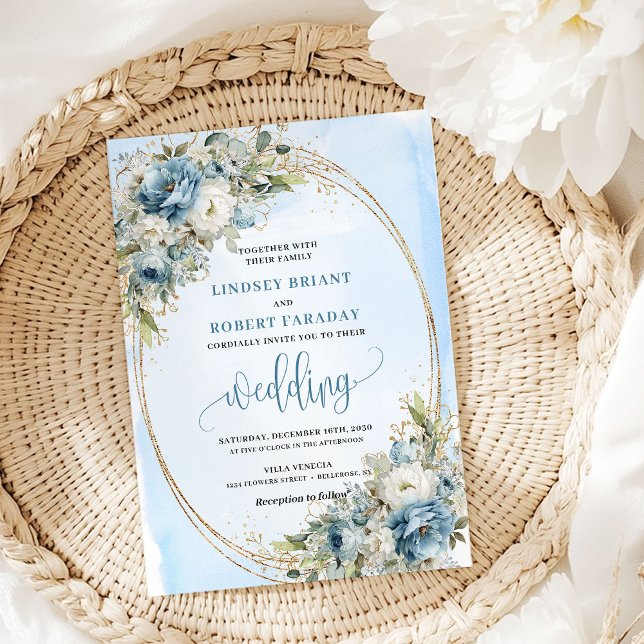 Convite de Casamento Elegante Flores Azuis Brilho  (Elegant Blue Flowers Gold Glitter Wedding Invite)