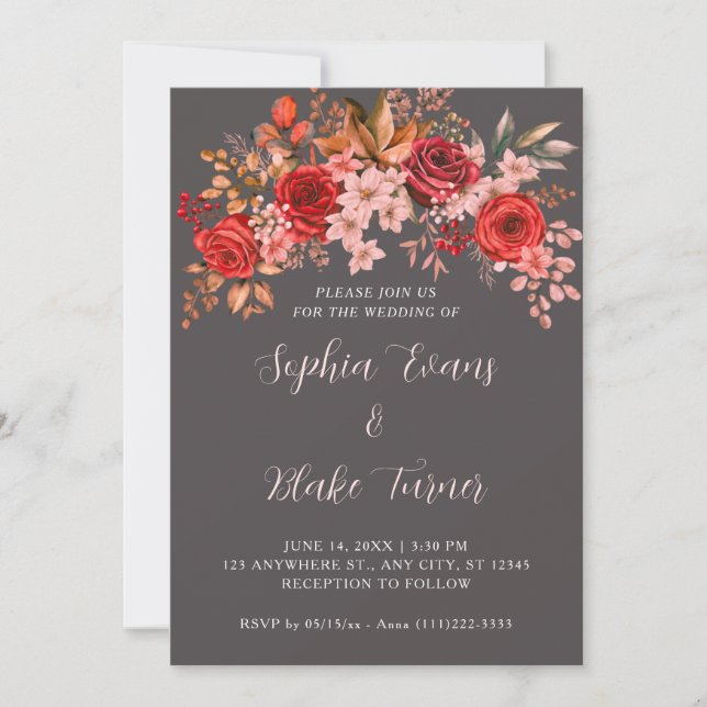 Convite de Casamento Elegante Flores de Rosas Verm (Frente)