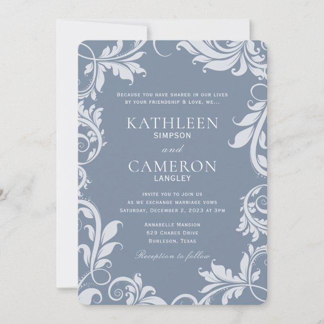 Convite de Casamento Elegante | Folhas | Azul Poei (Frente)