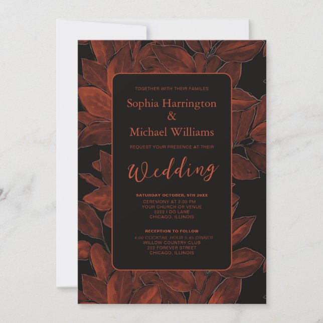 Convite de Casamento Elegante Folhas de Outono com (Frente)