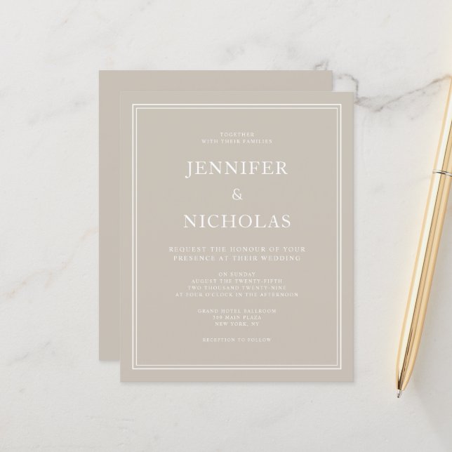 Convite de Casamento Elegante Formal Bege Taupe co (Frente/Verso In Situ)