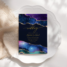 Convite de Casamento Elegante Galáxia Azul, Roxo e