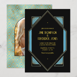 Convite de Casamento Elegante Gatsby Art Déco Azul