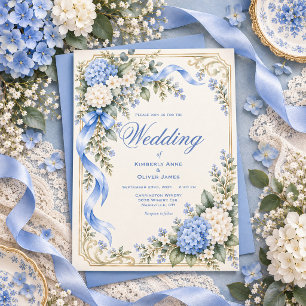 Convite de Casamento Elegante Hortênsia Azul Branc