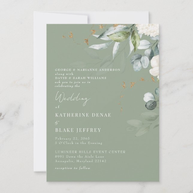 Convite de Casamento Elegante Hortênsia Branca Sag (Frente)