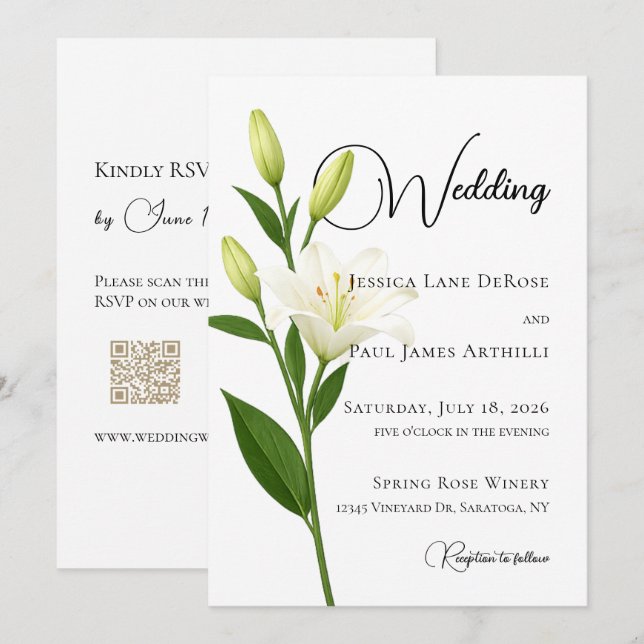 Convite de Casamento Elegante Lírio Branco (Frente/Verso)