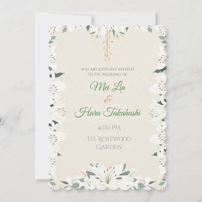 Convite de Casamento Elegante Lírio Branco e Folha (Frente)