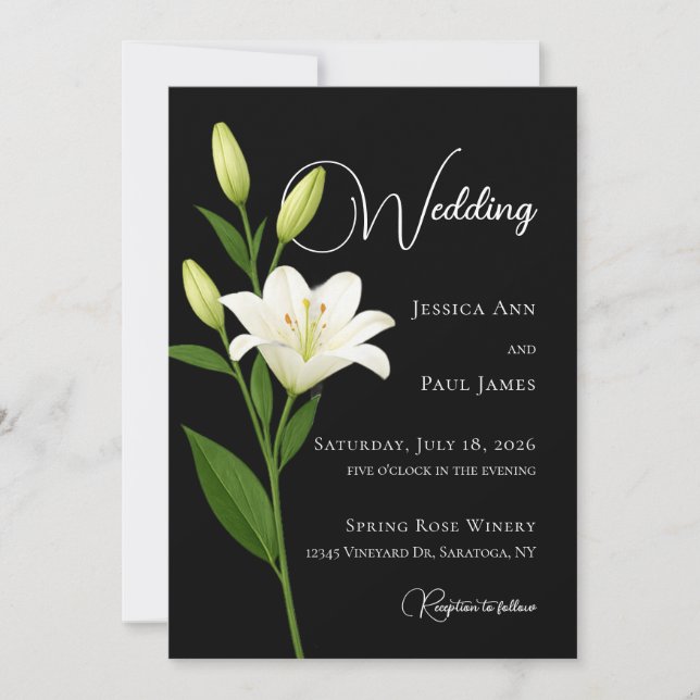 Convite de Casamento Elegante Lírio Preto e Branco (Frente)