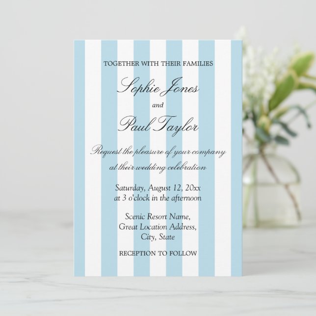 Convite de Casamento Elegante Listras Azul Claro (Em pé/Frente)