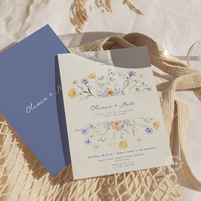 Convite de Casamento Elegante Manuscrito Wildflowe (Wildflower Elegant Floral Periwinkle Wedding Invitation)