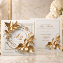 Convite de Casamento Elegante Marfim Dourado