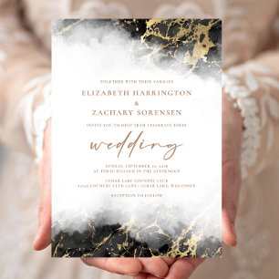 Convite de Casamento Elegante Mármore Preto Dourad