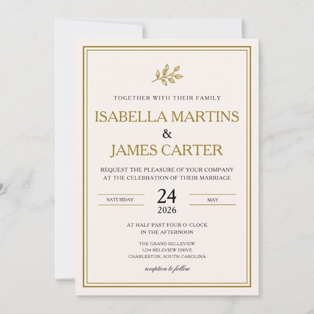 Convite de Casamento Elegante Minimalista Dourado (Frente)