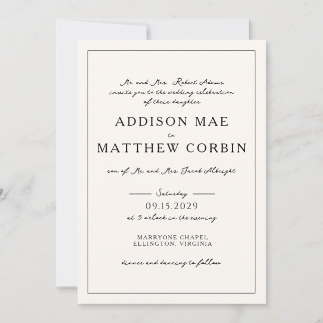 Convite de Casamento Elegante Minimalista em Creme (Frente)