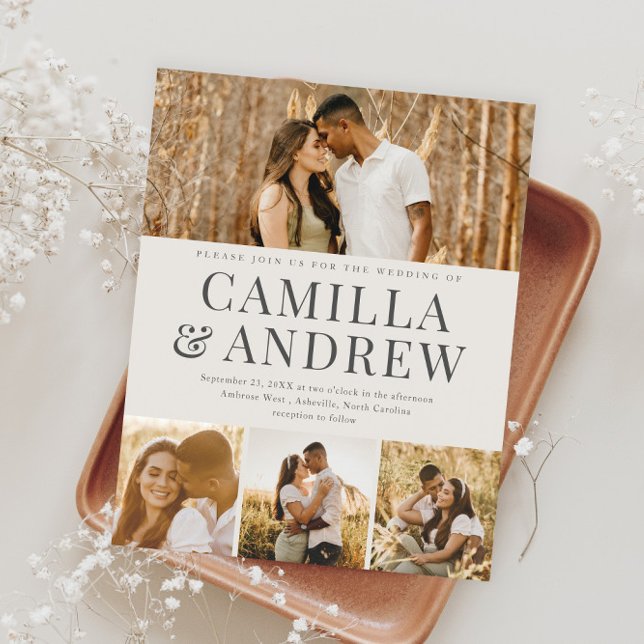 Convite de Casamento Elegante Moderno 4 Fotos com  (Modern Typography Budget Photo Wedding Invitations.)