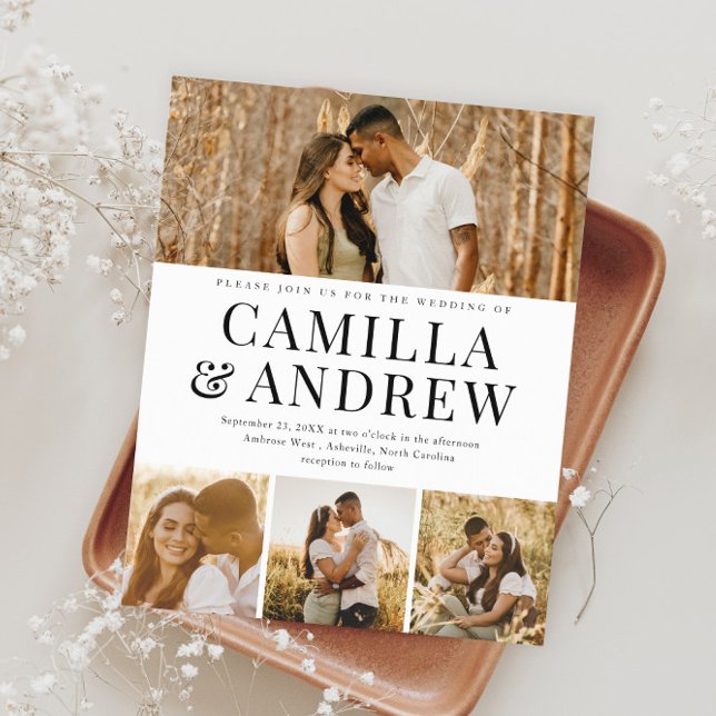 Convite de Casamento Elegante Moderno 4 Fotos com  (Modern Typography Budget Photo Wedding Invitations.)