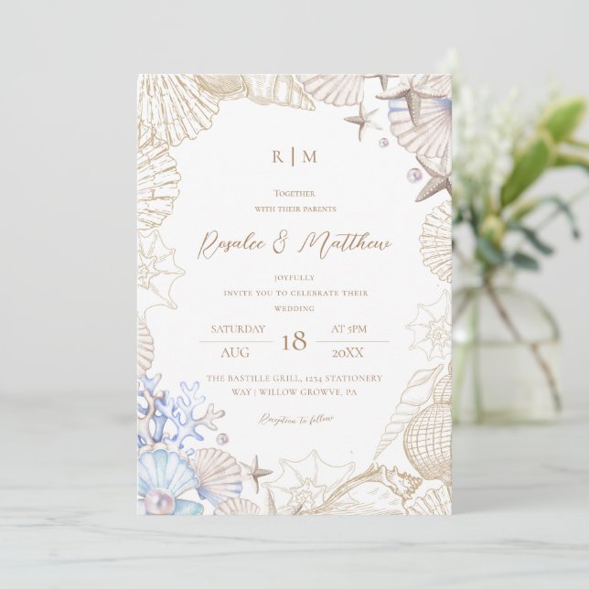 Convite de Casamento Elegante Moderno de Concha de (Em pé/Frente)