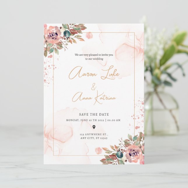 Convite de Casamento Elegante Moderno Flor de Pêss (Em pé/Frente)