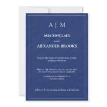Convite de Casamento Elegante Monograma Azul Marin