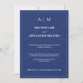 Convite de Casamento Elegante Monograma Azul Marin