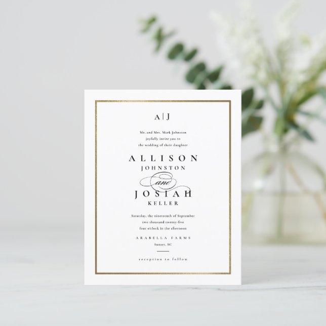 Convite de Casamento Elegante Monograma Dourado Ec (Em pé/Frente)