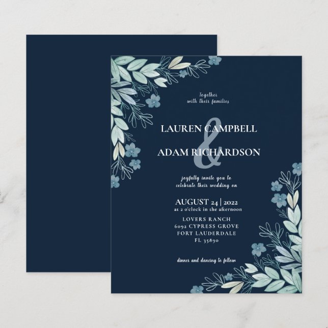 Convite de Casamento Elegante Orçamento com Folhag (Frente/Verso)