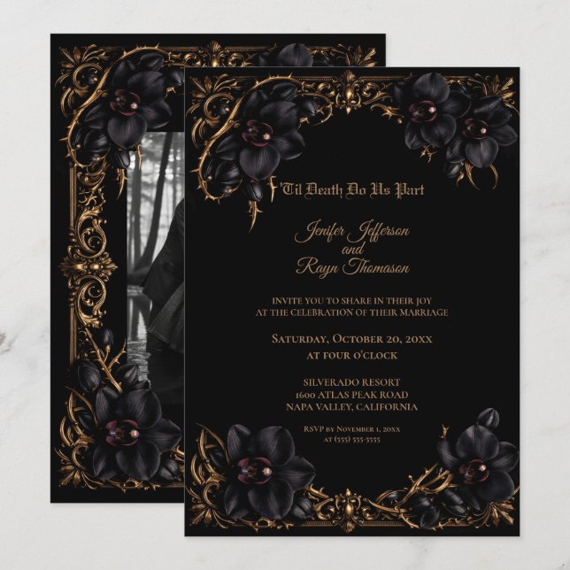 Convite de casamento elegante Orquídea Preta Gótic (Frente/Verso)