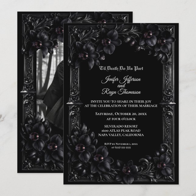 Convite de casamento elegante Orquídea Preta Gótic (Frente/Verso)