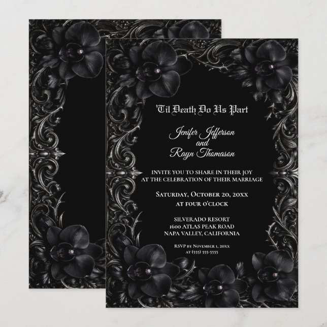 Convite de casamento elegante Orquídea Preta Gótic (Frente/Verso)