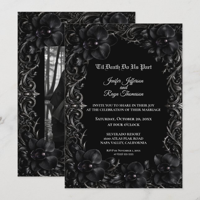 Convite de casamento elegante Orquídea Preta Gótic (Frente/Verso)