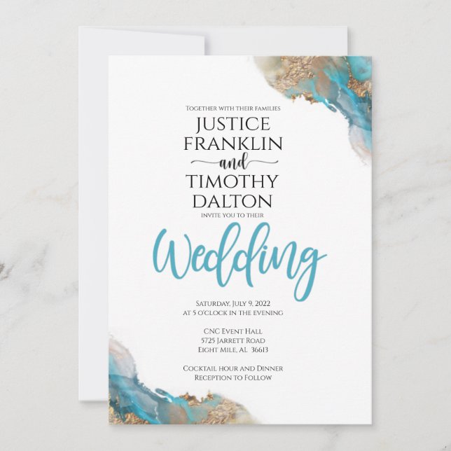 Convite de casamento elegante ouro e turquesa (Frente)