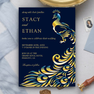 Convite de Casamento Elegante Pavão Azul e Dourado