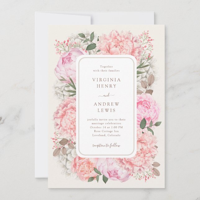 Convite de Casamento Elegante Peônia (Frente)
