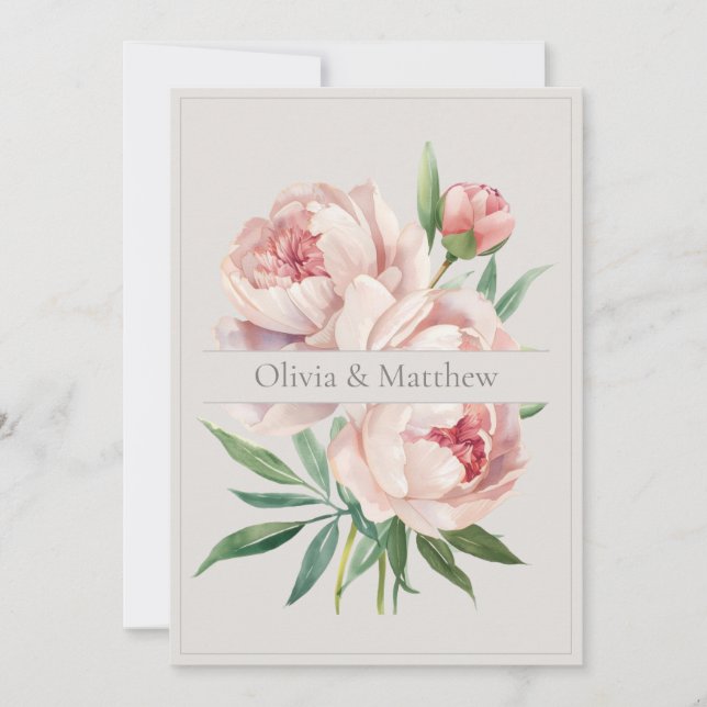 Convite de Casamento Elegante Peônia com Código QR (Frente)