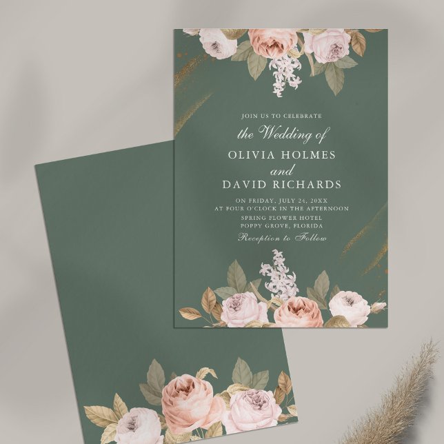 Convite de Casamento Elegante Peônia Verde Salvia (Elegant Sage Green Peony Wedding Invitation on table)
