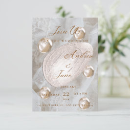 Convite de Casamento Elegante Pérola e Folha de Ou