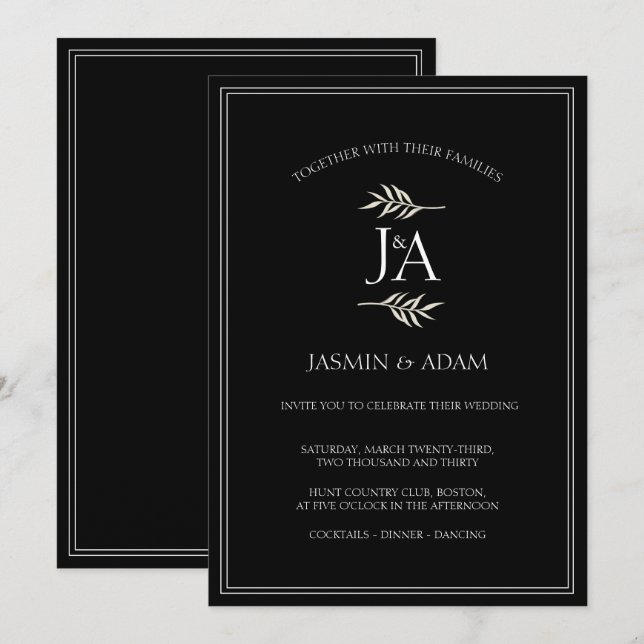 Convite de Casamento Elegante Preto Branco Clássic (Frente/Verso)